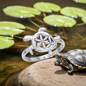 Turtle with Flower of Life Shell Sterling Silver Ring, Size 6